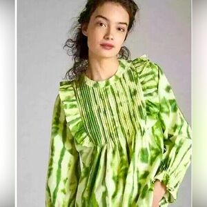NWT - Anthropologie Samant Chauhan Emilia green ruffle tie dye blouse (sz L)